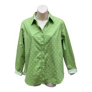 Jones New York Green and White Polka Dot Collared Tailored Shirt Size M EUC
